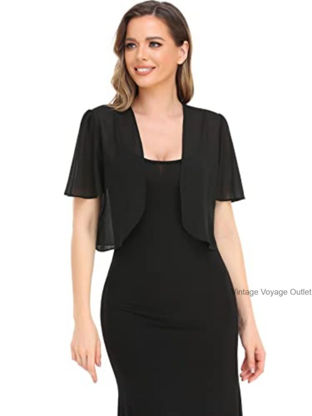 Women Sheer Chiffon Bolero Shrug Short Sleeve Cropped Cardigan - Picture 5 of 6